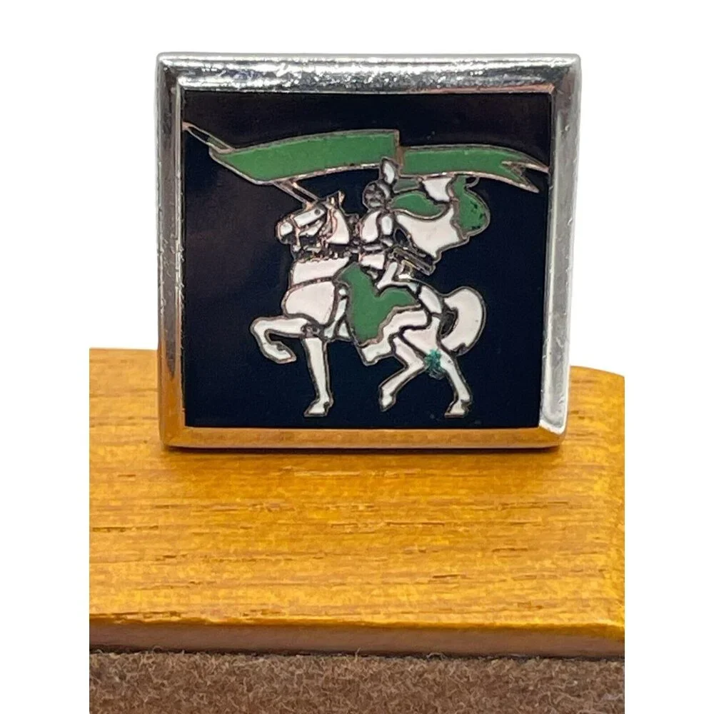 VTG Cufflinks Knight on White horse with Green flag in Silver tone‎ Hallmarked